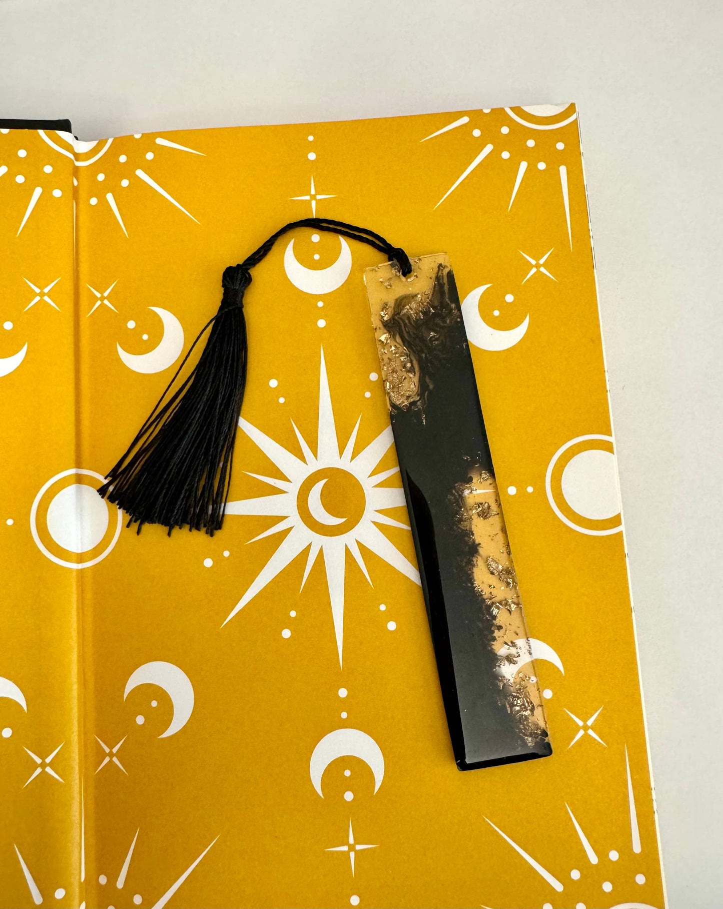 Black and Gold Marble Resin Bookmark with Black Tassel