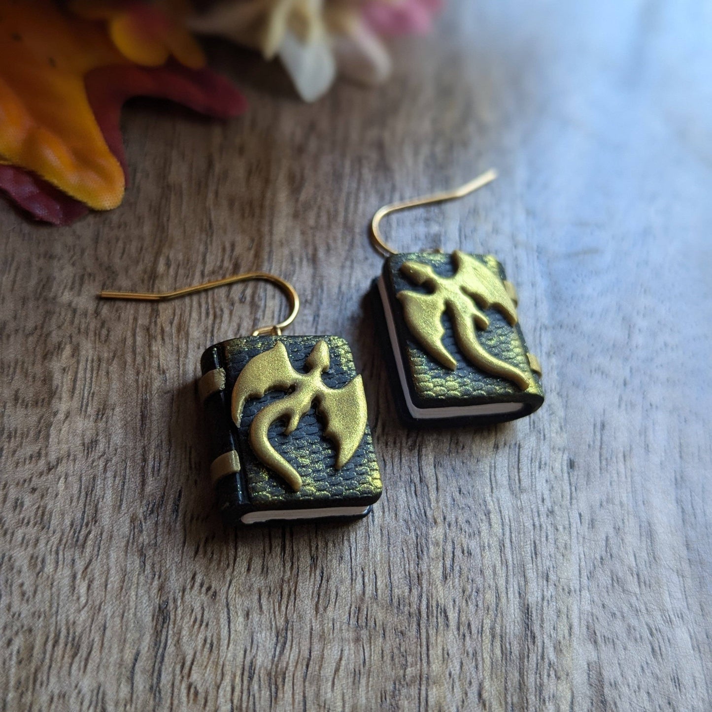 Earrings - Gold Dragon Book Dangles