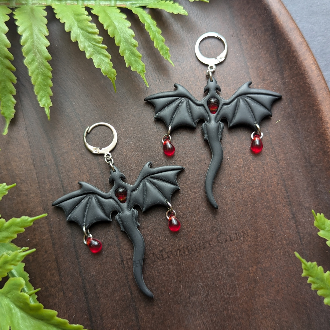 Earrings - Black and Red Glass Dragon Huggy Hoop